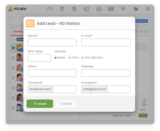 Screen form for sending leads from mLabs Inbox to RD Station. Present fields: name, email, date of birth, gender, telephone, title, website, social media profiles
