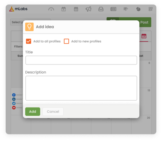 Image shows mLabs calendar screen with open modal for inclusion of ideas.