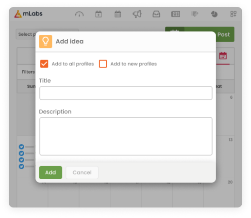 Image shows the mLabs calendar screen with the modal to add idea open.