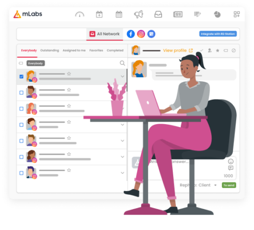 Image shows mLabs Inbox screen, feature that allows to respond to Instagram Direct from pc. Below the image, illustration of a woman sitting, working, with the computer on the table.