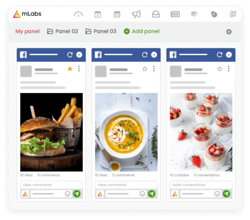 Image shows the mLabs Feed feature screen, with three panels created side by side, each with a different Facebook feed.