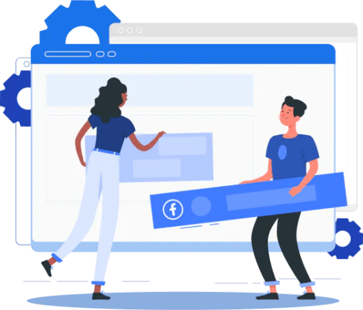 Image shows illustrated characters building a post for Facebook.