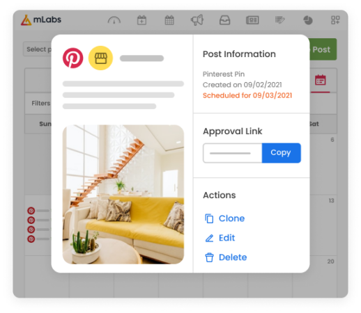 Picture shows mLabs calendar screen, with a list of upcoming Pinterest posts. Above the image, the Post information card with the options to clone, edit and delete.
