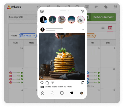 Image shows the mLabs calendar highlighting a preview of a scheduled post for Instagram.