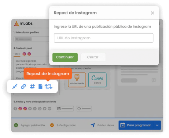 La imagen muestra la pantalla de programación de publicaciones de mLabs resaltando el button y el cuadro Repost de Instagram para incluir la URL de la publicación que se volverá a publicar.