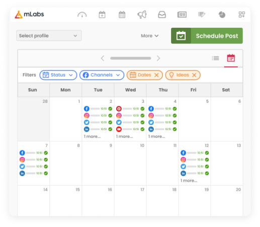 Image shows the mLabs calendar with several posts scheduled, highlighting the filters: status, channels, dates, ideas.