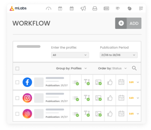 Image shows mLabs workflow in kanban view, with list of posts for various social networks and columns for adjustments, creation, internal analysis, clients and waiting for an appointment. Above the image, a block with the simplified approval box, where you can generate a post approval link and send it via whatsapp.