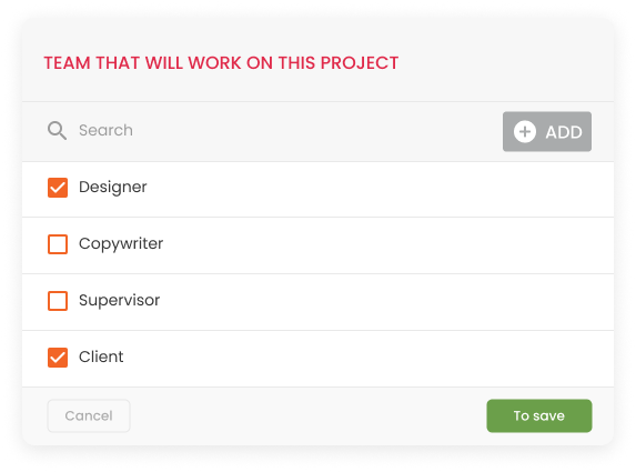 Image shows the team selection screen involved in a project managed by mLabs Workflow. In the image, the role of designer and client are selected.