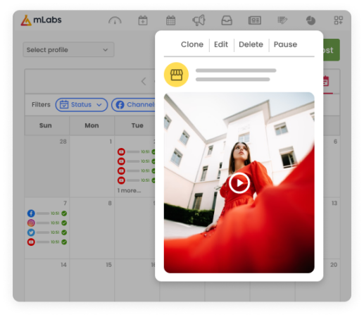 Image brings mLabs calendar with listas of posts scheduled for YouTube other social networks. About the image, preview of a video scheduled for YouTube.
