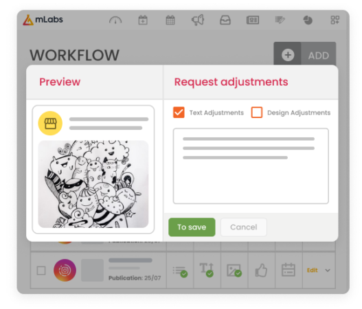 Image shows the mLabs Workflow screen with the text adjustment request modal open.