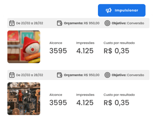 Imagem mostra a tela da funcionalidade Ads, da mLabs, com dois posts promovidos e os dados de performance deles na tela.
