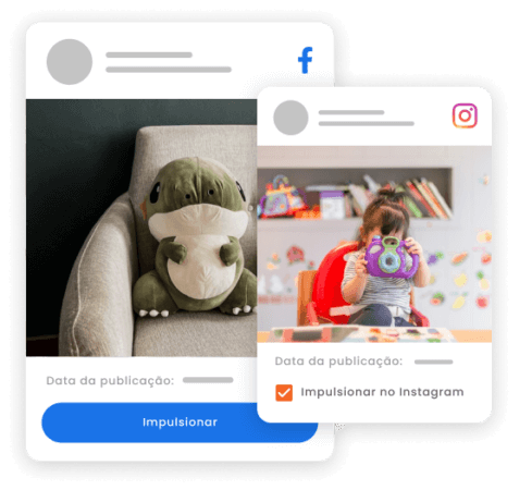 Imagem mostra dois posts, um no Instagram e outro no Facebook, com destaque para o botão Impulsionar.