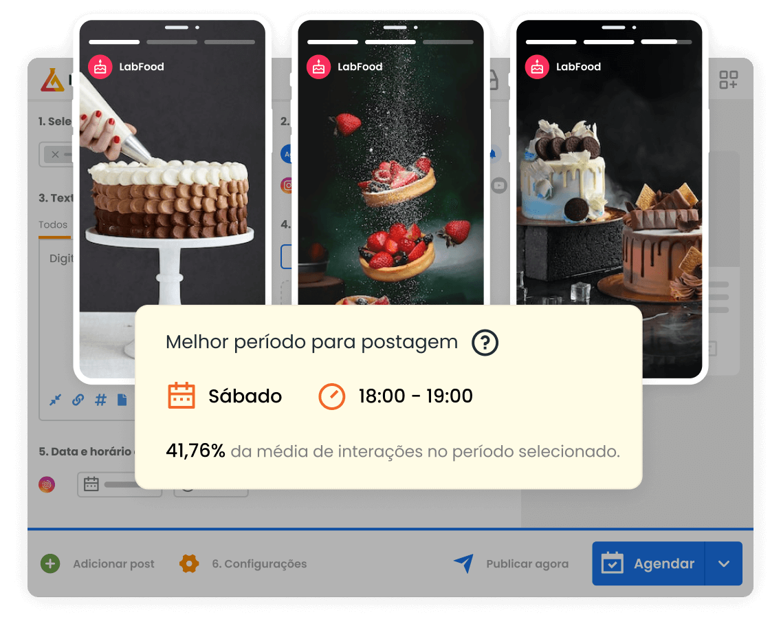 Imagem mostra a tela de agendamento da mlabs com destaque para uma sequencia de 3 stories e indicação do melhor período para postagem.