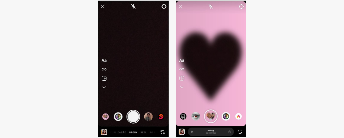 print da tela do instagram story mostrando a tela sem filtro vs com filtro