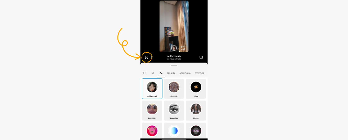 print da tela do instagram story mostrando a um filtro da galeria de filtros sendo testado, com destaque no ícone de salvar o efeito