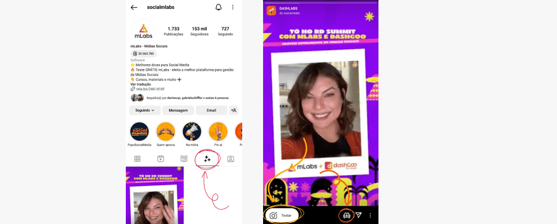 print da tela do instagram da mlabs com destaque na sessão de efeitos do perfil, e destaques no ícone de "testar" e "salvar" o filtro