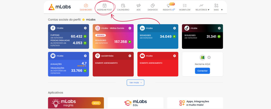 encurtar-link-1: print da tela principal da mlabs indicando a opção "agendar post" no menu superior