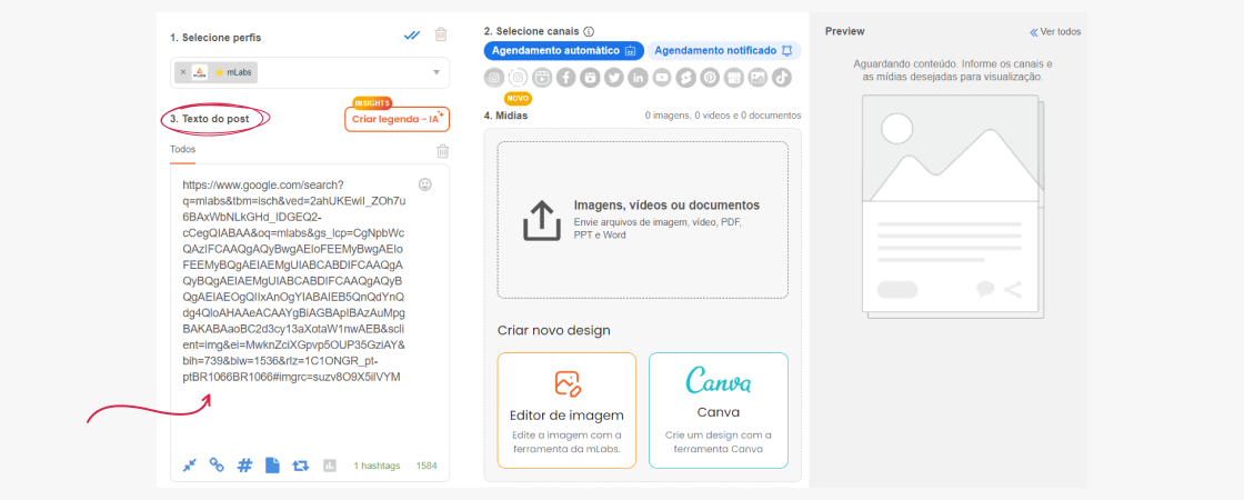 encurtar-link-2: print da tela de agendamento de posts com link extenso inserido no espaço para inserção de legenda