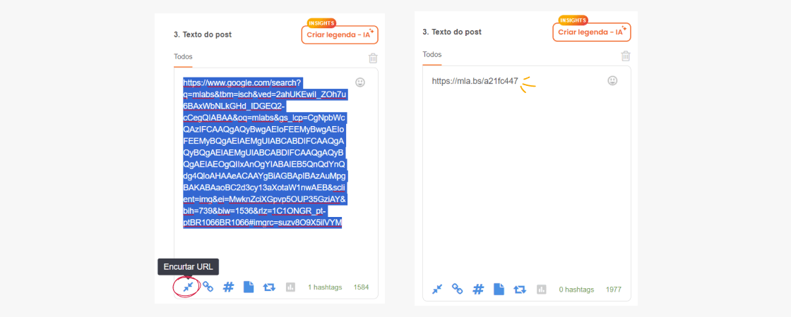 encurtar-link-3: print da tela de agendamento de posts com link extenso inserido no espaço para inserção de legenda e  depois encurtado pela ferramenta de encurtar link