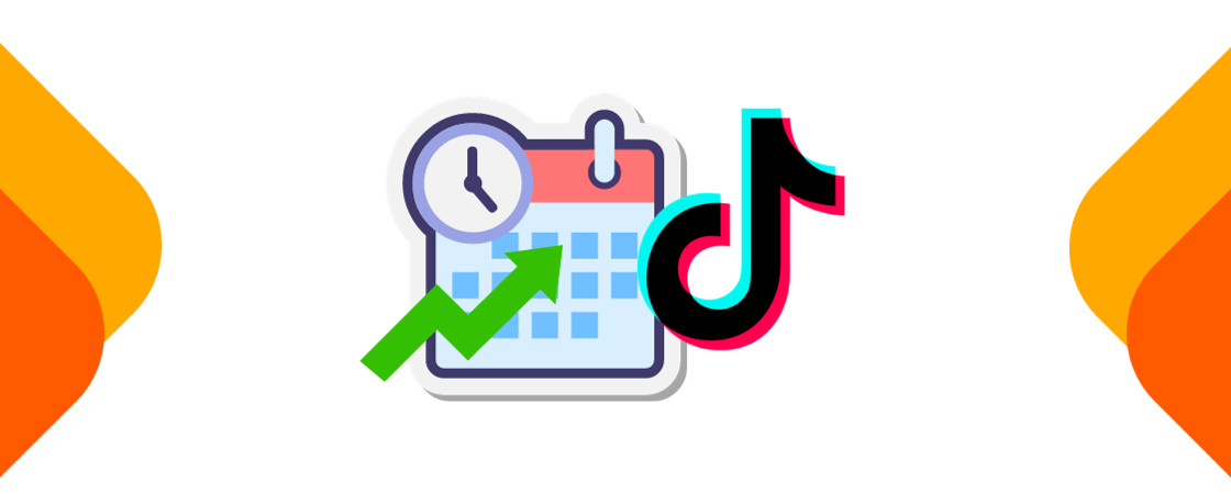 melhor-horario-para-postar-no-tiktok: logo do tiktok, ícone de calendário e seta verde subindo de forma crescente