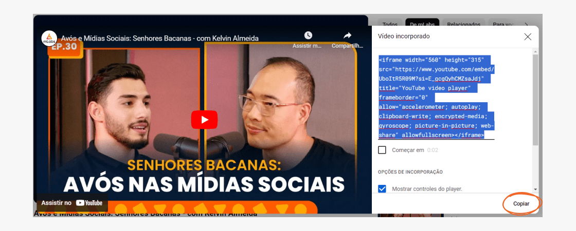 baixar-video-youtube-10: print tela youtube mostrando o código HTML do vídeo