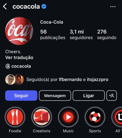 Nome de usuário @cocacola no Instagram.