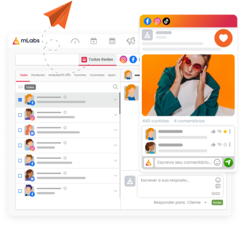 Imagem mostra a tela do inbox da mLabs, onde é possível gerenciar conversas do inbox do facebook, direct do instagram e mensagens do TikTok