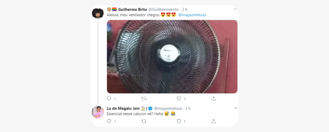 O-que-e-UGC-2: Na imagem está representada uma interação de marca pelo Twitter. Nela um usuário comemora a compra de um ventilador e cita o nome do Magazine Luiza, que responde celebrando a chegada de refresco ao calor do cliente. 