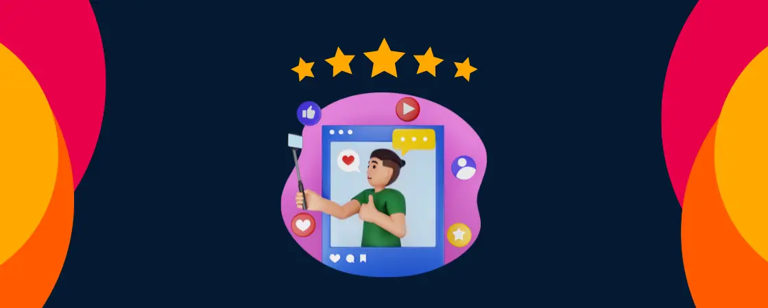 o-que-e-ugc: ícone de mídias sociais, selfie e 5 estrelas