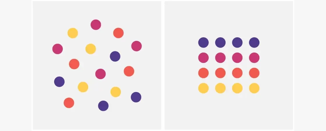 social-media-design-9: exemplo com pontos coloridos afastados e depois ordenados