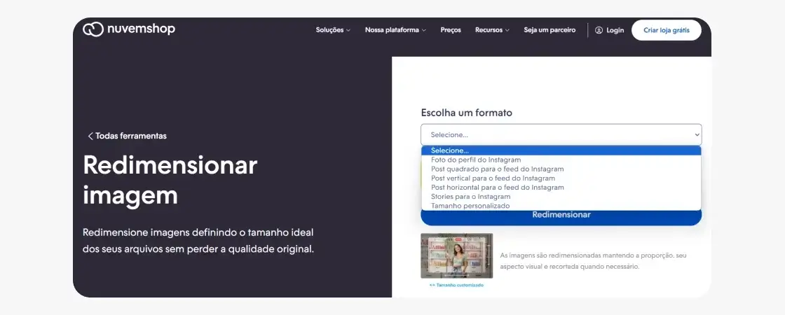redimensionar-foto-para-instagram-7: print da ferramenta nuvemshop para desktop