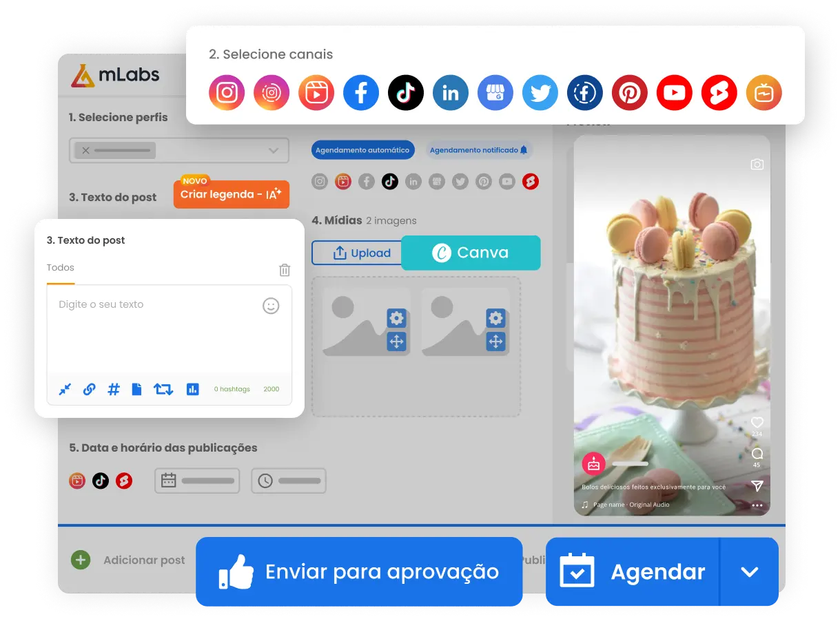 Imagem mostra a tela de agendamento de posts da mLabs, com destaque para os ícones das redes sociais integradas à plataforma.