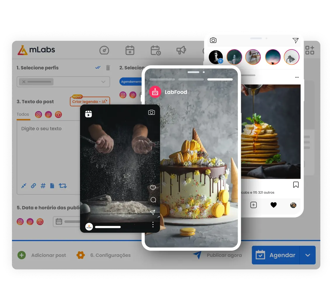 Gerenciador de Instagram mLabs: imagem mostra a tela de agendamento de posts da mLabs com destaque para um post no formato Reels, um post no formato Stories e um post no formato feed.