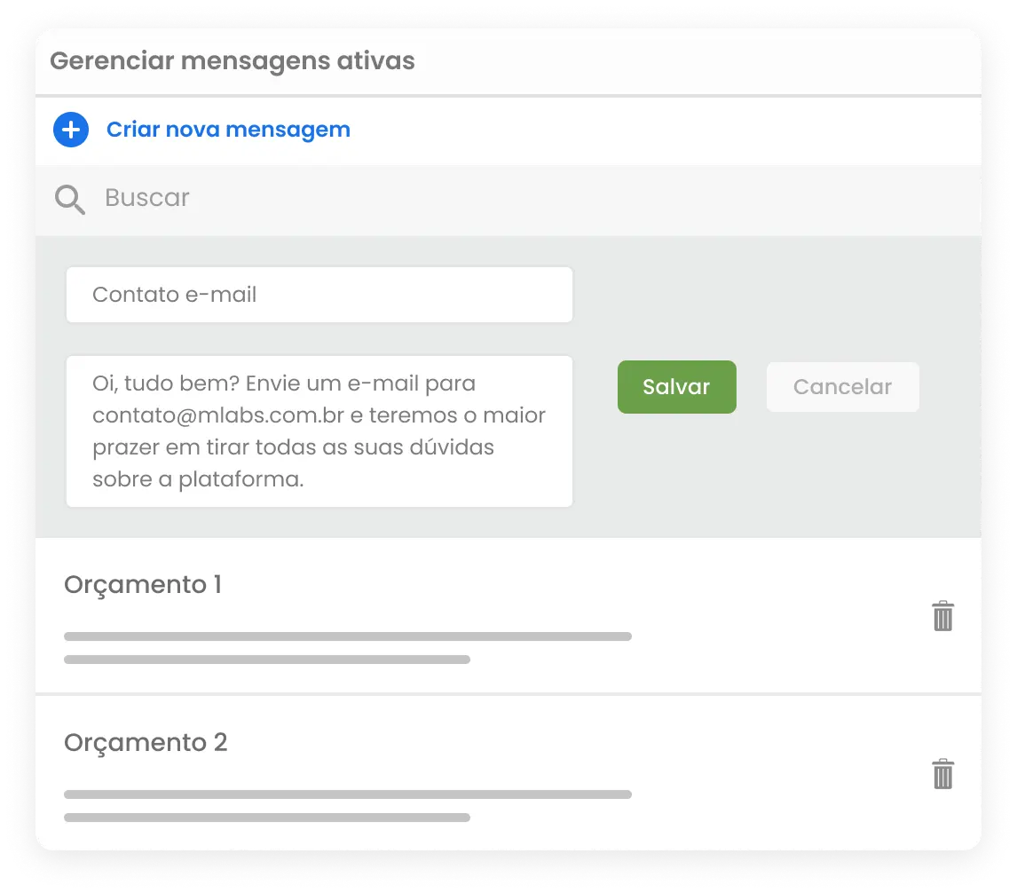 Tela do Inbox da mLabs, mostrando a aba de gestão de mensagens salvas. Destaque para campo de criar nova mensagem.