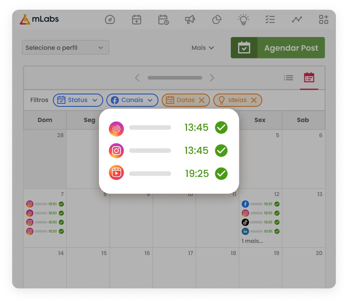 Imagem mostra o calendário da mlabs com destaque para o agendamento no Instagram de Stories, post no feed e Reels. 