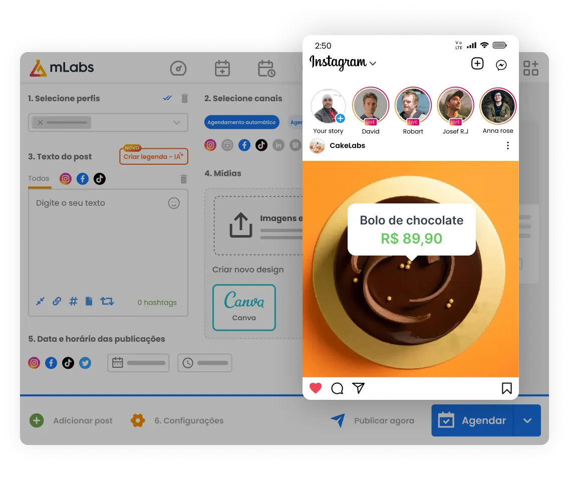 Imagem mostra tela de agendamento da mLabs e destaca um post no feed do Instagram com tag de preço do produto.