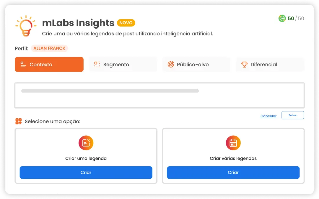 Imagem mostra tela do mlabs insights para criação de legendas com destaque para as opções de criar uma legenda ou de criar várias legendas 