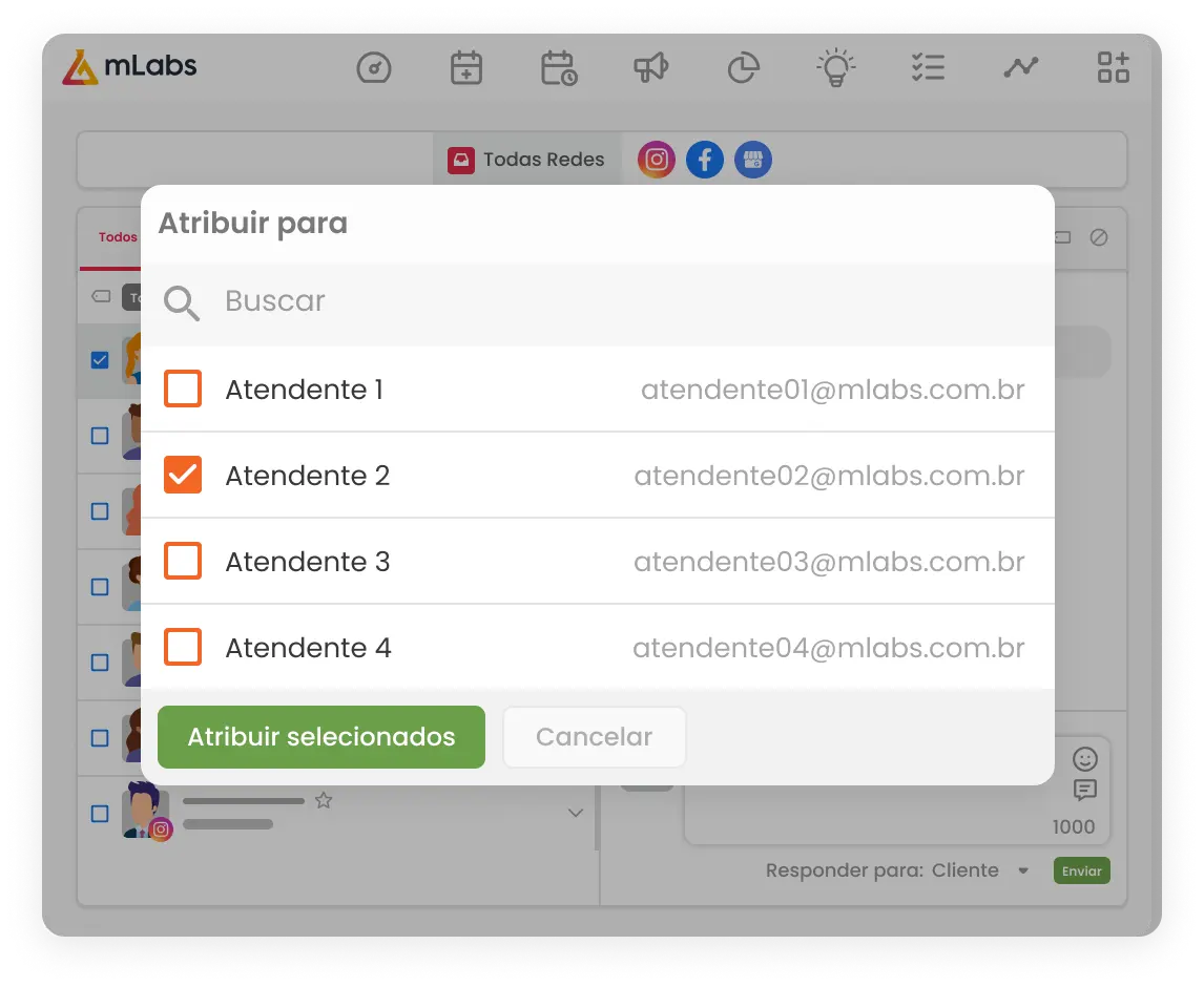 Tela do Inbox da mLabs, mostrando como atribuir um atendimento para outro usuário.