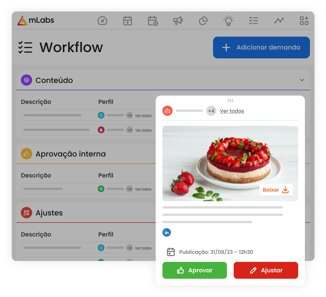 Imagem mostra tela do Workflow da mLabs com uma lista de posts do Facebook e o status de cada um deles entre a criação da demanda até a aprovação final pelo cliente.