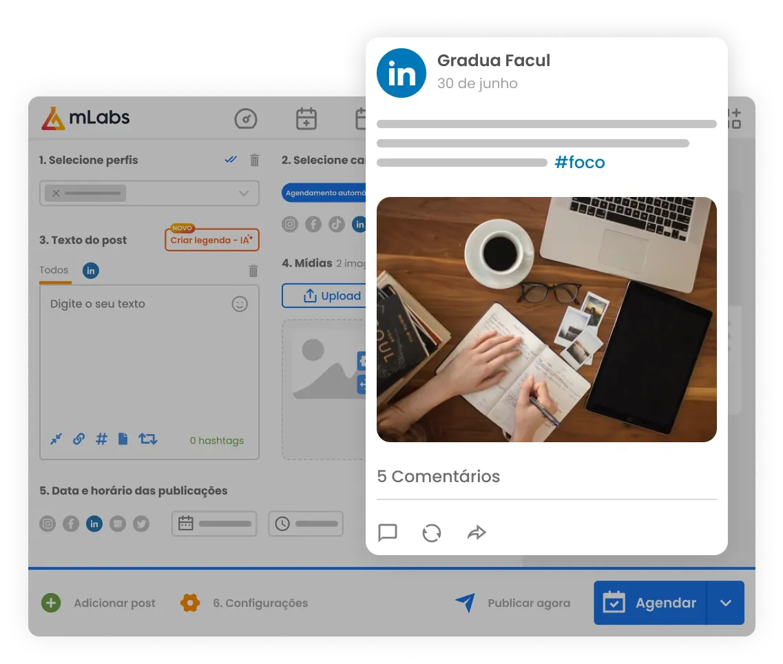 Imagem mostra a tela de agendamento de posts da mLabs com destaque para post com imagem sendo programado para o linkedIn.