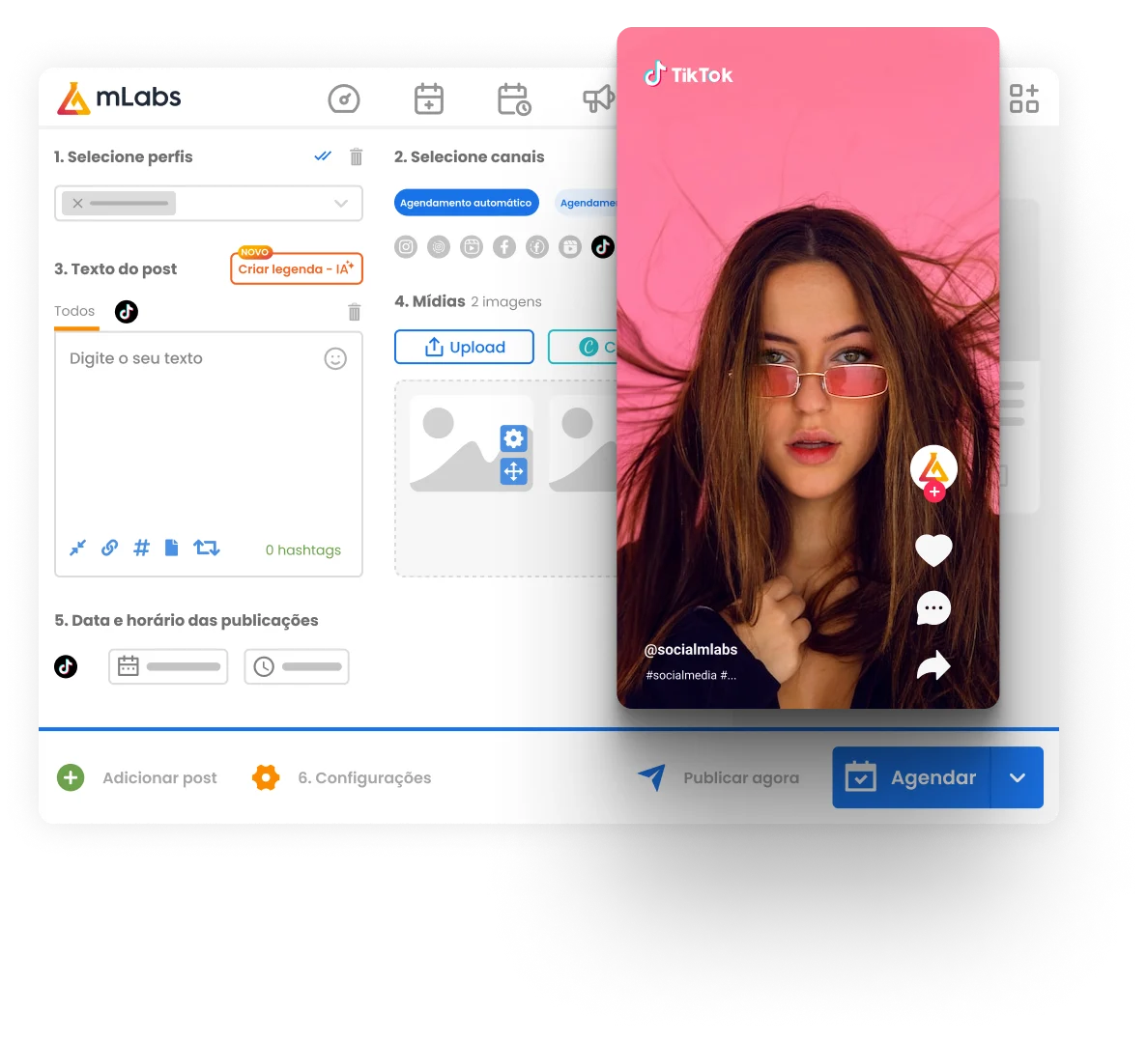 Imagem mostra tela de agendamento de posts da mLabs com destaque para o ícone do TIKTOK.