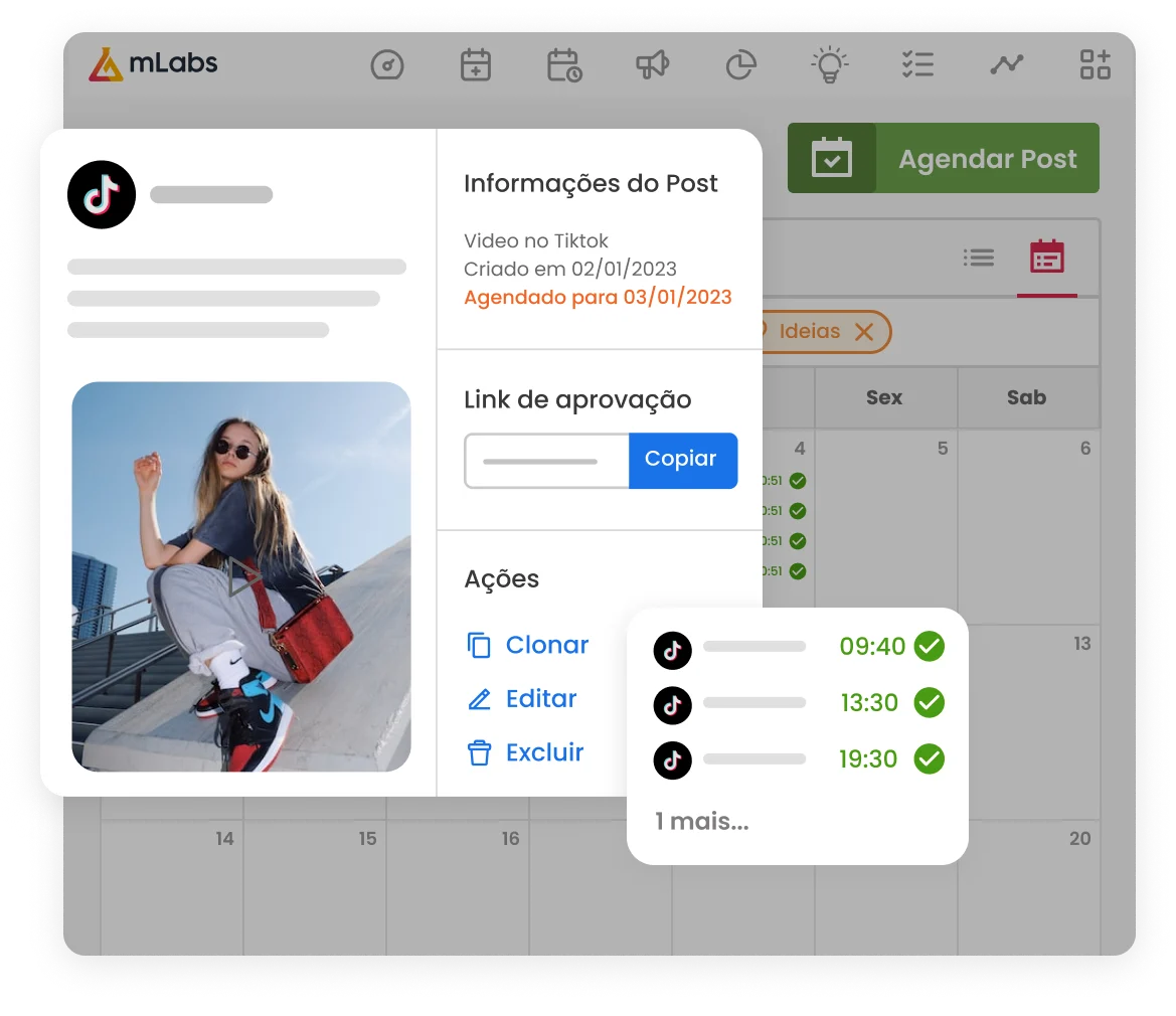 Imagem mostra tela do Calendário da mLabs com preview de um vídeo agendado para o TikTok e histórico de ações do post aberto.