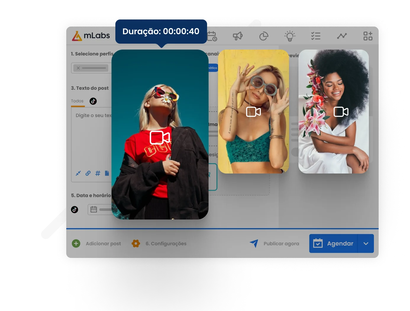 Imagem mostra tela do agendamento de posts da mLabs com três vídeos sendo agendados para o TikTok