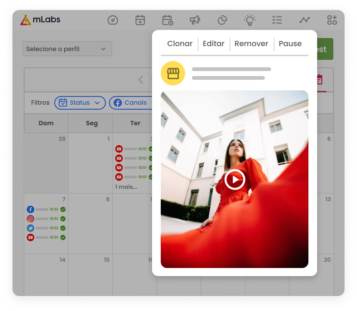 Imagem traz o calendário da mLabs com listas de posts agendados para o YouTube outras redes sociais. Sobre a imagem, prévia de um vídeo agendado para YouTube.