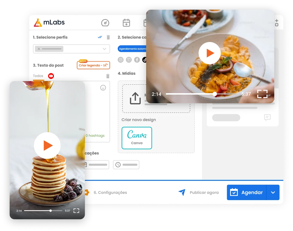 Imagem mostra a tela de agendamento de posts da mLabs com a prévia de um vídeo sendo agendado para o YouTube.