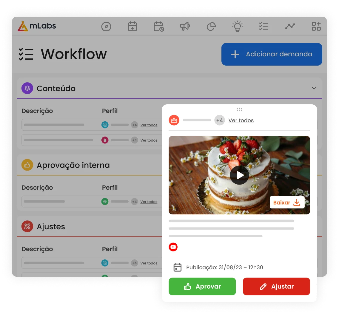 Imagem mostra a tela do Workflow da mLabs com a modal de pedido de ajustes no texto aberta.