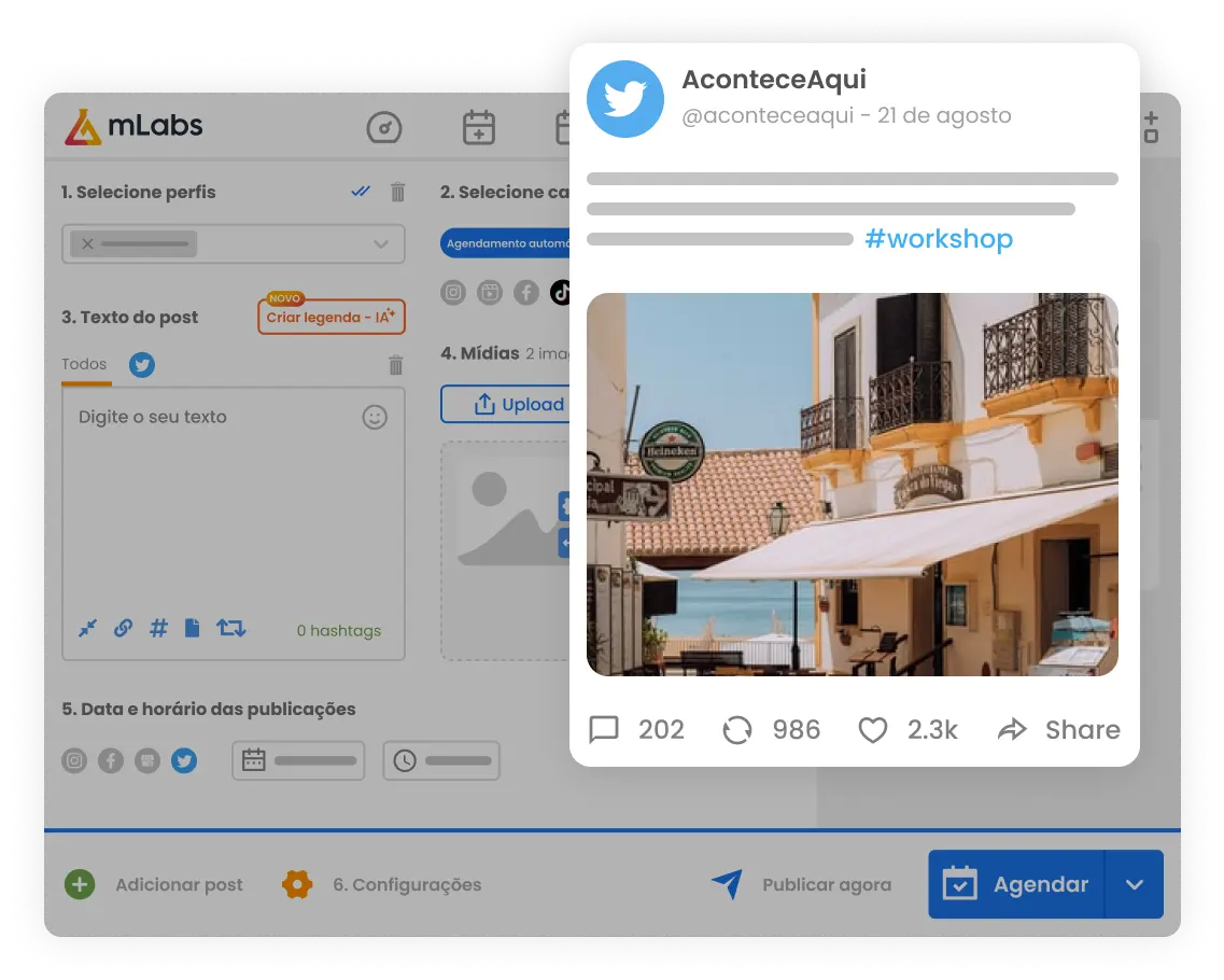 Imagem mostra a tela de agendamento de posts da mLabs com destaque para um tweet agendado, com texto e imagem.