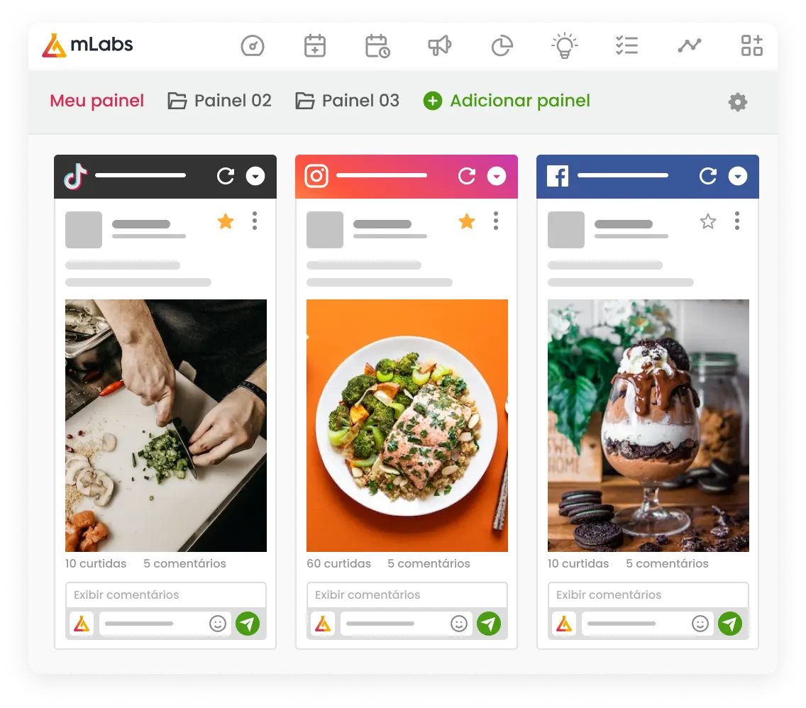 Imagem mostra o painel da mLabs para responder comentários. O painel tem um post do TikTok, um post do Instagram e um post do Facebook.