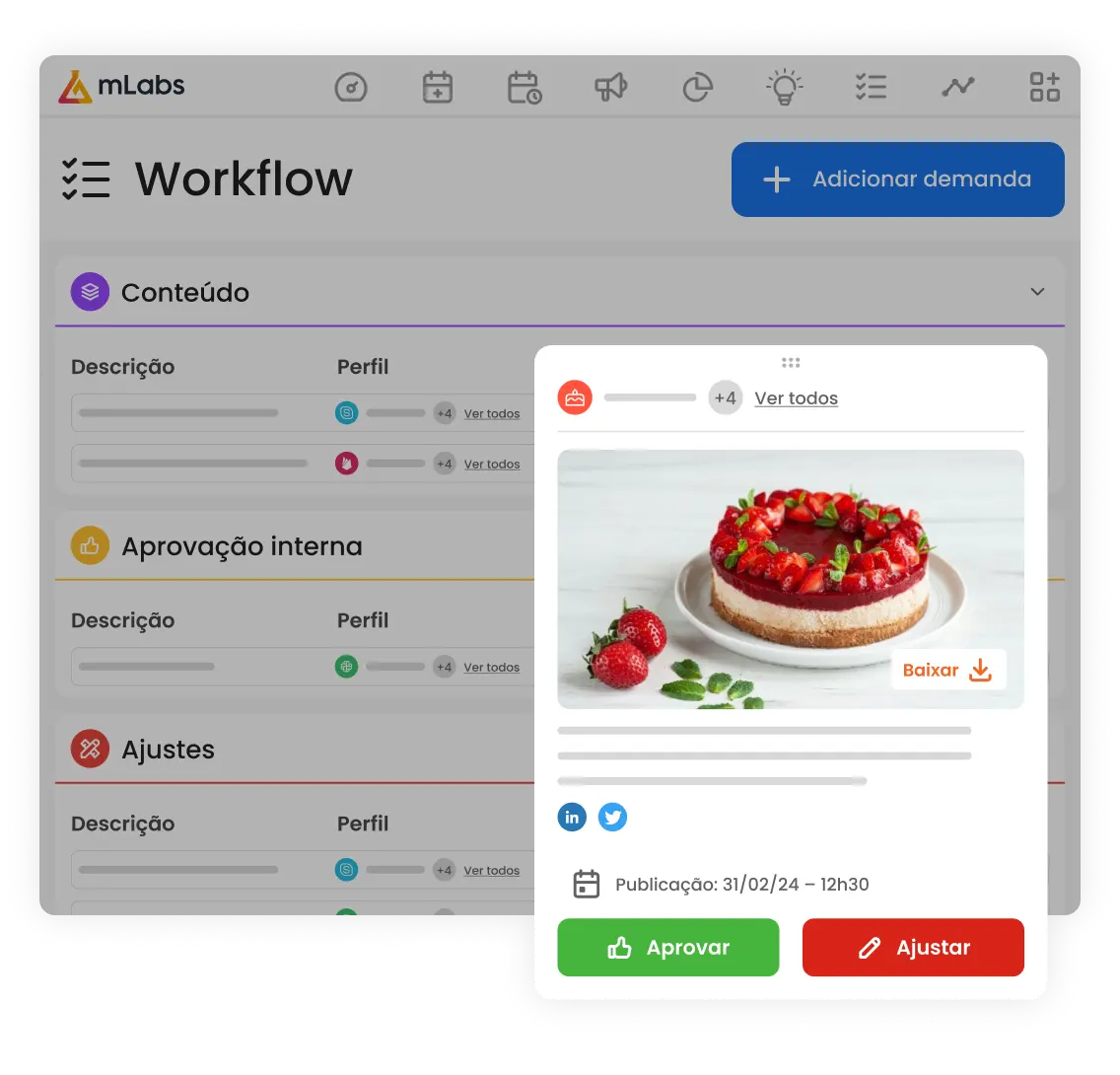 Imagem mostra o workflow da mLabs aberto, no modo de visualização de lista.