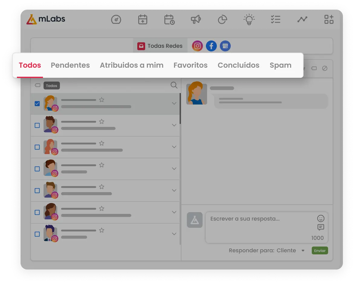 Imagem mostra a tela do Inbox, destacando os recursos de taguear conversas, banco de respostas e filtro de conversas.